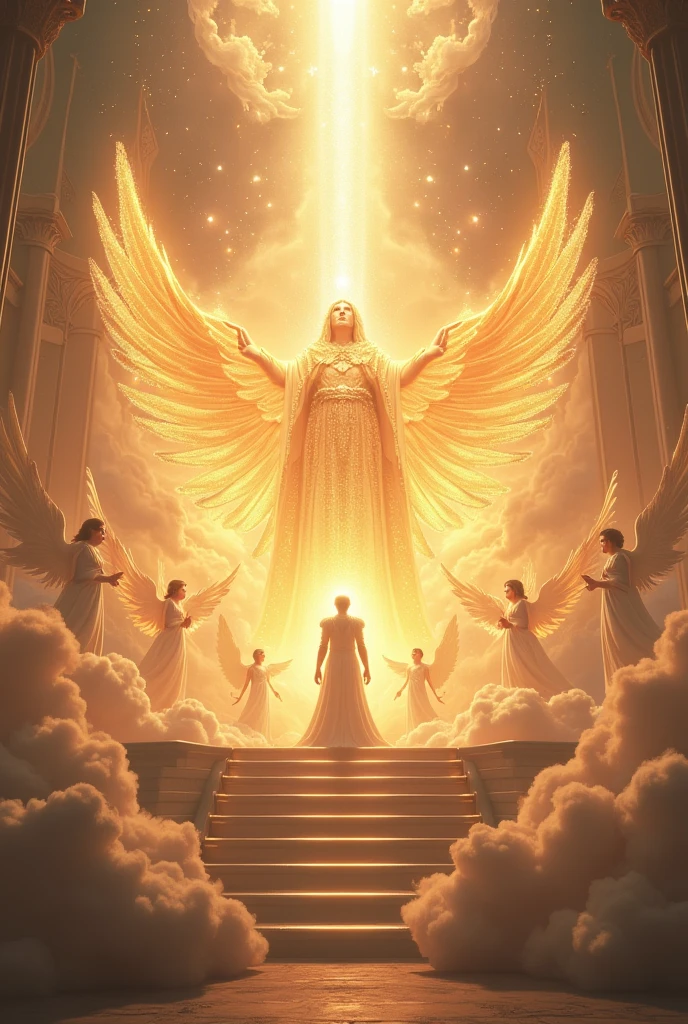 Create a majestic celestial scene with shining angels surrounding God's throne. Show Lucifer, the most radiant angel, Ao lado do trono, displaying his beauty and power. The setting should be glorious, with soft colors and bright lights.