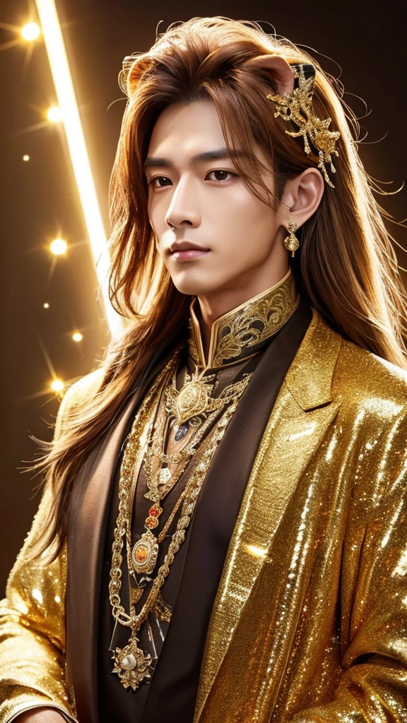Lion male gold ✨ Elegant gold King bark、Gaze, Sparkle Effect,