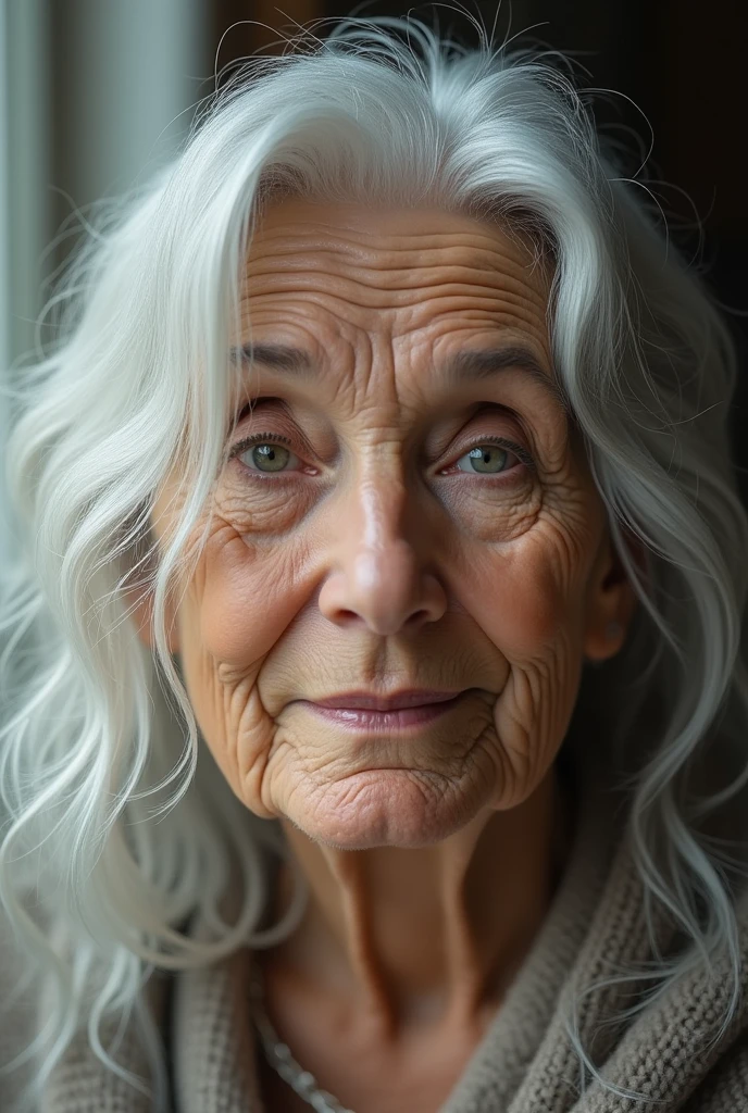 Image of Grandmother with scattered silver hair on her face in 16:9 ratio 