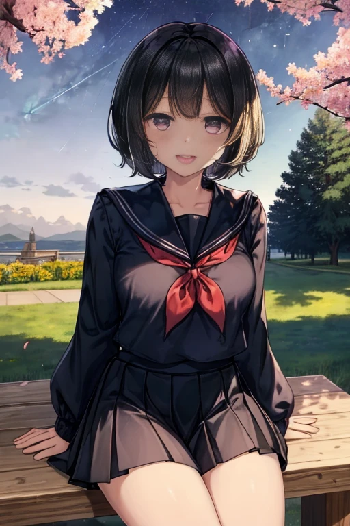  best quality, 1girl, solo, (osanai yuki), __posture__, short hair, black hair, bob cut, bangs, purple eyes, school uniform, red neckerchief, neckerchief, serafuku, sailor collar, socks, black skirt, skirt, long sleeves, pleated skirt, sweater, black socks, sleeves past wrists, black sailor collar, loafers, small breasts, breasts, cowboy shot, __looking__, __expression__, __background__. __posture__：standing\nstanding\n(contrapposto:1.1)\n(contrapposto:1.2)\n(sitting:1.1)\n(sitting:1.2) __looking__：looking_at_viewer\nlooking_at_viewer\nlooking_at_viewer\nlooking_at_viewer\nlooking_back __expression__：smile/nsmile/nsmile/nsmile, open_mouth/nsmile, closed_eyes/nopen_mouth/nshy/nlaughing/nangry/nevil/nlonely/ncrying __background__：outdoors, starry sky, night sky, sunset\nnight, night sky, cloudy sky, meteor, planet, cloud, star (sky), (starry sky:1.2)\n(outdoors), day, blue sky, cloud, nature, tree\noutdoors, day, blue sky, cloud, water\noutdoors, day, grass\ncherry blossoms, tree, outdoors, shooting star, petals, cloud\noutdoors, city, cityscape, scenery, building 