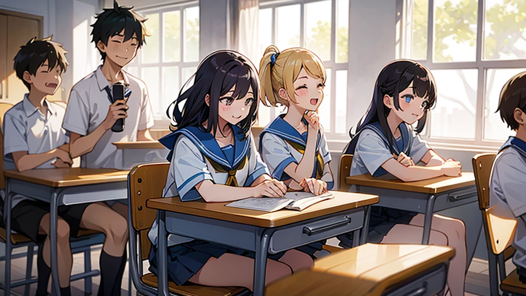 The background is a classroom。The boys and girls are laughing out loud with big, happy smiles.。