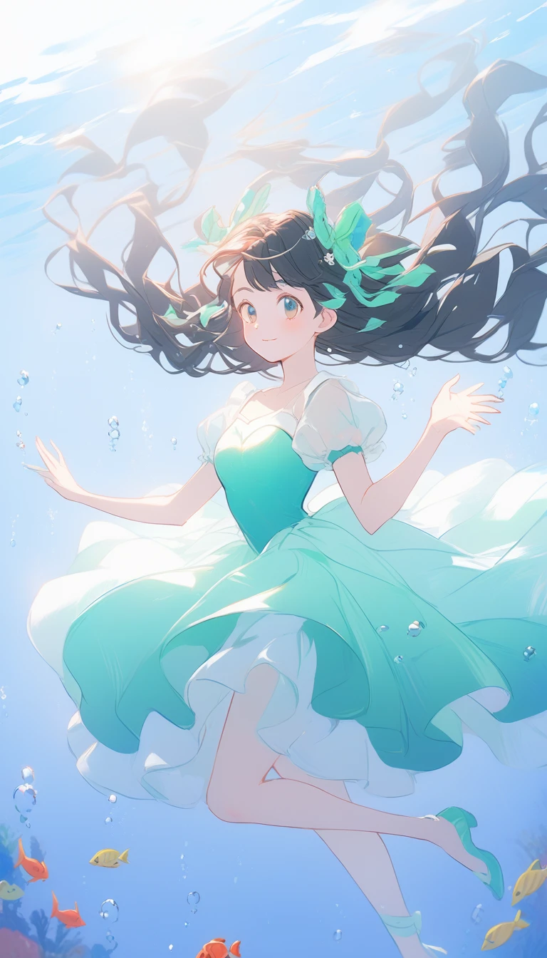 Yayoi Kusama style, Disney style, underwater, artistic swimmer, beautiful and graceful girl, beautiful hair accessories, ribbons, colorful dots, light blue, blue and emerald green color scheme