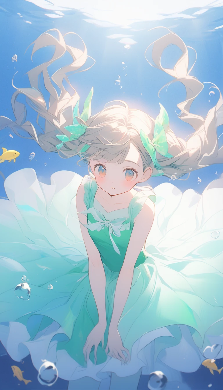 Yayoi Kusama style, Disney style, underwater, artistic swimmer, beautiful and graceful girl, beautiful hair accessories, ribbons, colorful dots, light blue, blue and emerald green color scheme
