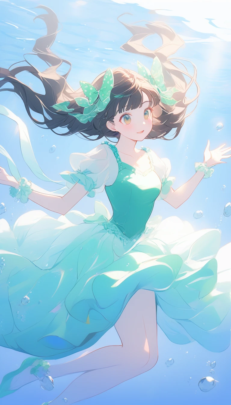 Yayoi Kusama style, Disney style, underwater, artistic swimmer, beautiful and graceful girl, beautiful hair accessories, ribbons, colorful dots, light blue, blue and emerald green color scheme