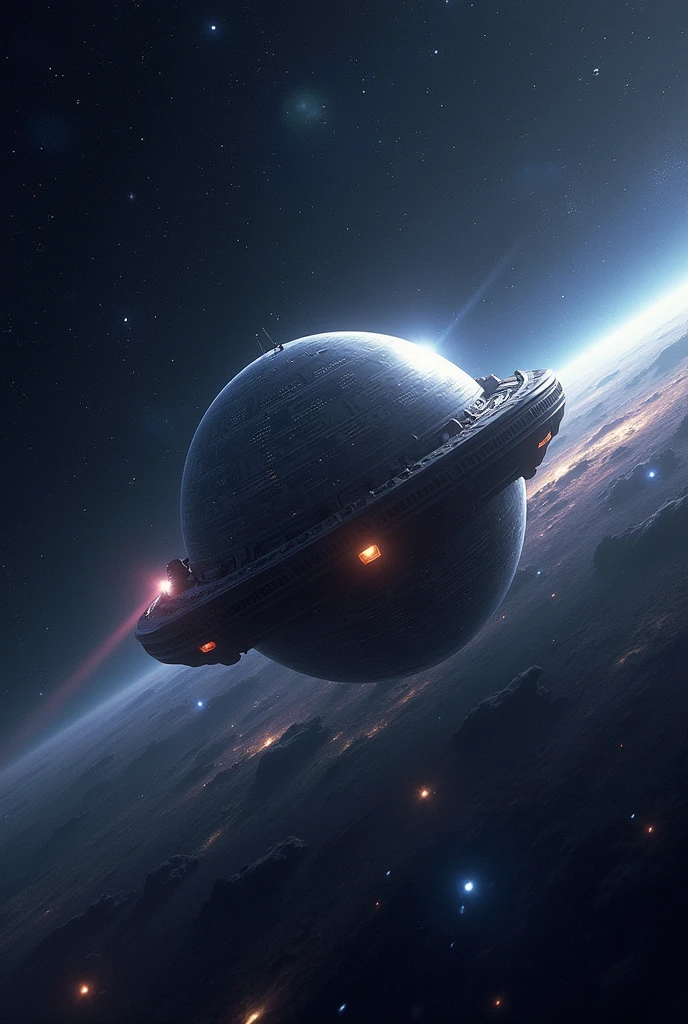 create an image of the ship in spherical format, of the capsule corporation ( dragoon ball z ) Flying through space, in the background the stars and galaxies