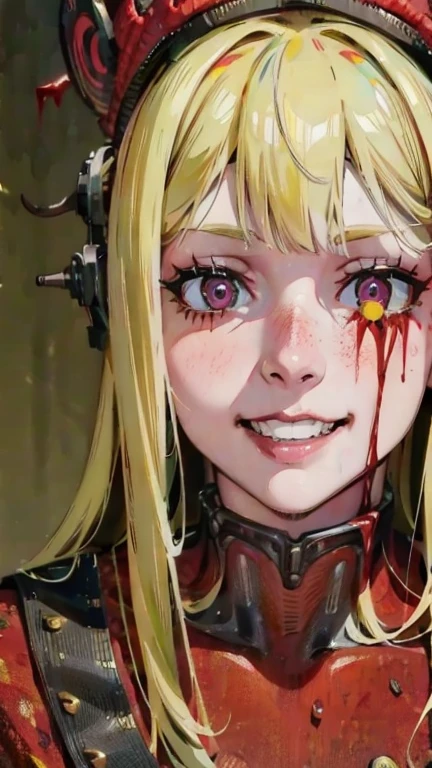 Horror taste、Covered in blood、a horrifying bloody girl with a deranged smile, bloody face, gory wounds, dark moody lighting, horror atmosphere, dark fantasy, cinematic lighting, gritty realistic, 8k, highres, detailed, masterpiece
