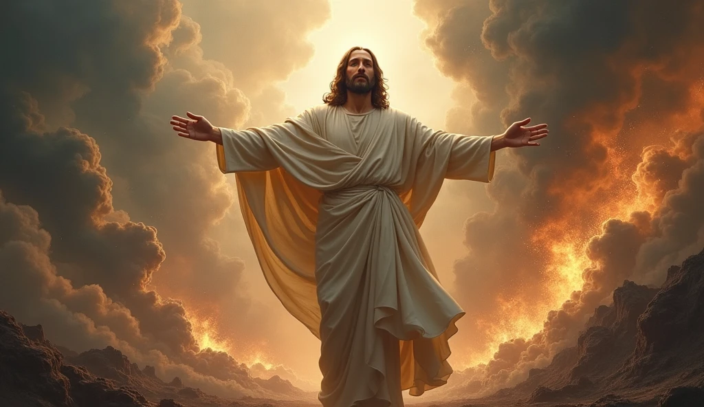 Jesus Christ saving the world from disaster by his powers