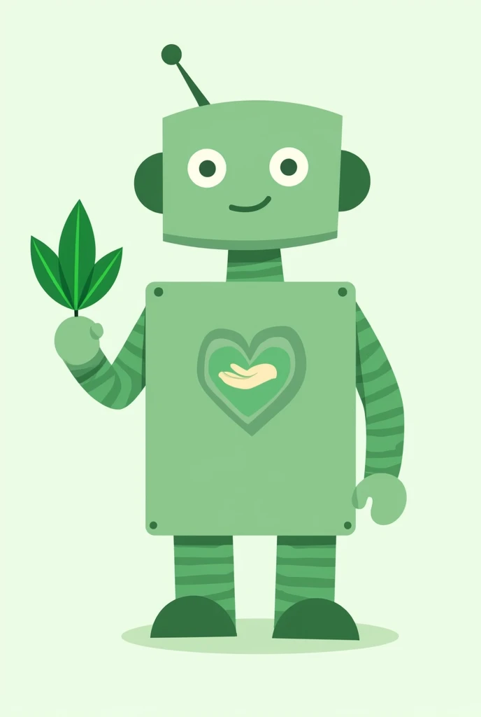 Friendly, light green robot with a symbol of an open helping hand on its chest and holding a mint leaf in its hand.
