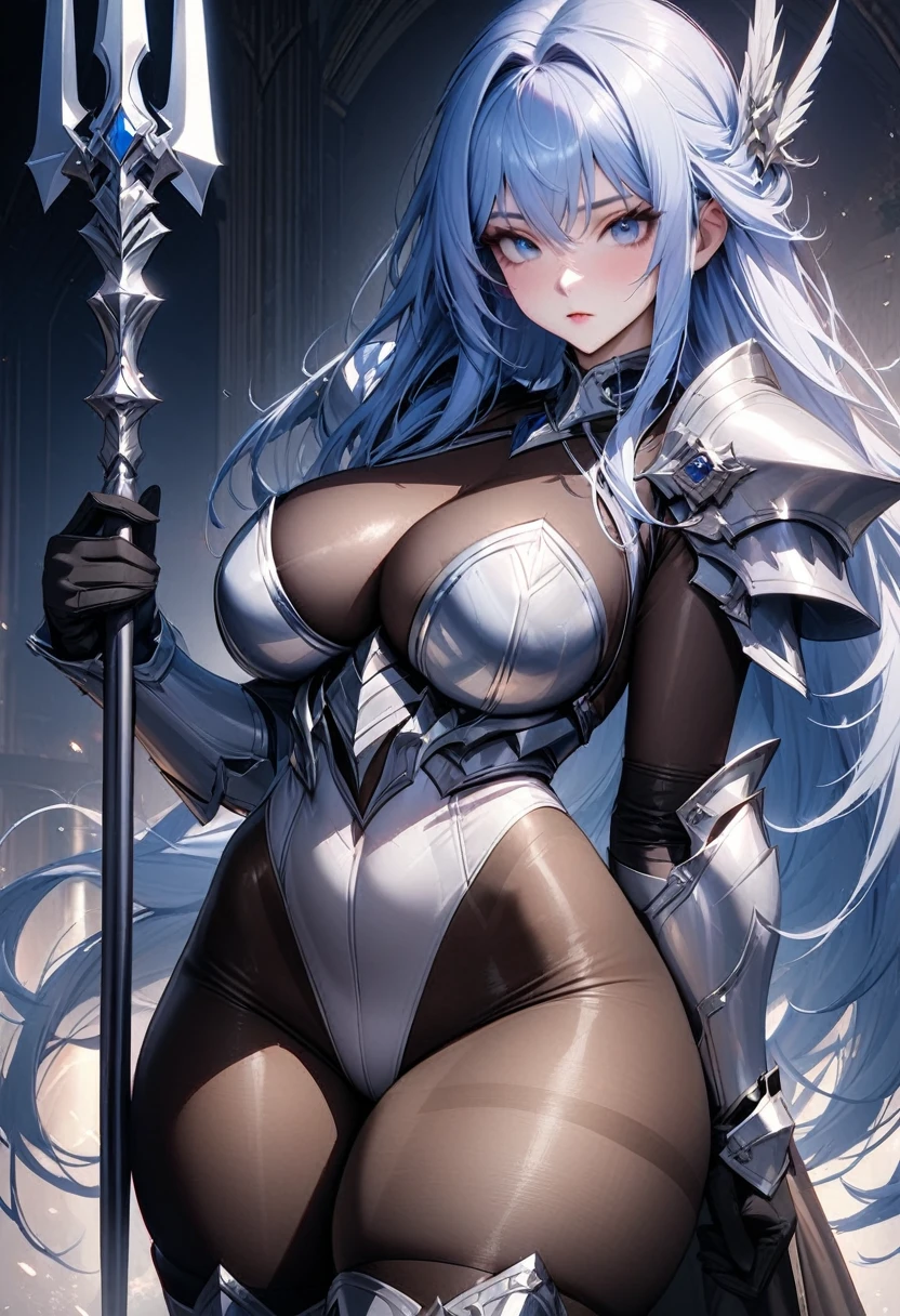 ((highest quality)), ((masterpiece)), ((hyperrealistic)), (solo), 1girl, ((curvy)), ((skindantation: 1.2)), perfect face, ((armored dress)), ((Valkyrie armor)), ((skin-tight see-through pantyhose leotard: 1.4)), ((white knight armor breastplate)), ((skin-tight black Investigator Bodystocking)), ((large pauldron)), (long gauntlet gloves), ((light blue hair straight long hair)), ((large breasts that look like they might burst)), (pantyhose thighs), (white knee-high boots), (high heel boots), ((see through cleavage cutout)), zettai ryouiki, ultra high leg cut, beautiful blue eyes, Perfect hands, perfect fingers, luxurious goldsmith spear, holding a spear, prepare a spear,