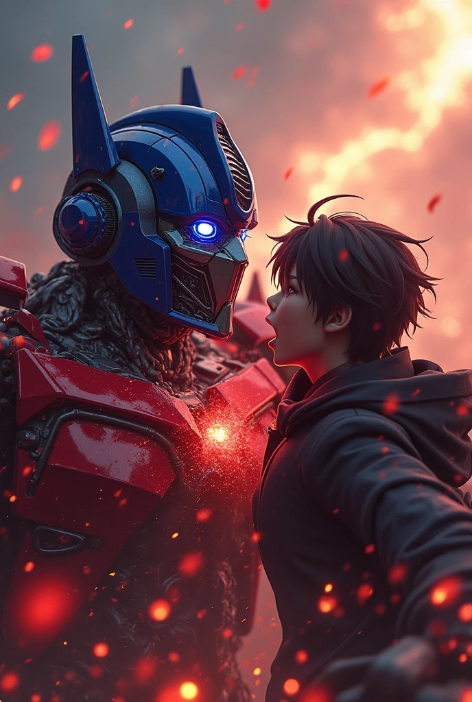 Optimus Prime attack, Kirito punch hurt blood, gore, highly detailed, cinematic shot, dramatic lighting, epic battle scene, mechanical robot, anime character, digital art, 8k, hyper-realistic, vibrant colors, chiaroscuro, volumetric lighting, photorealistic