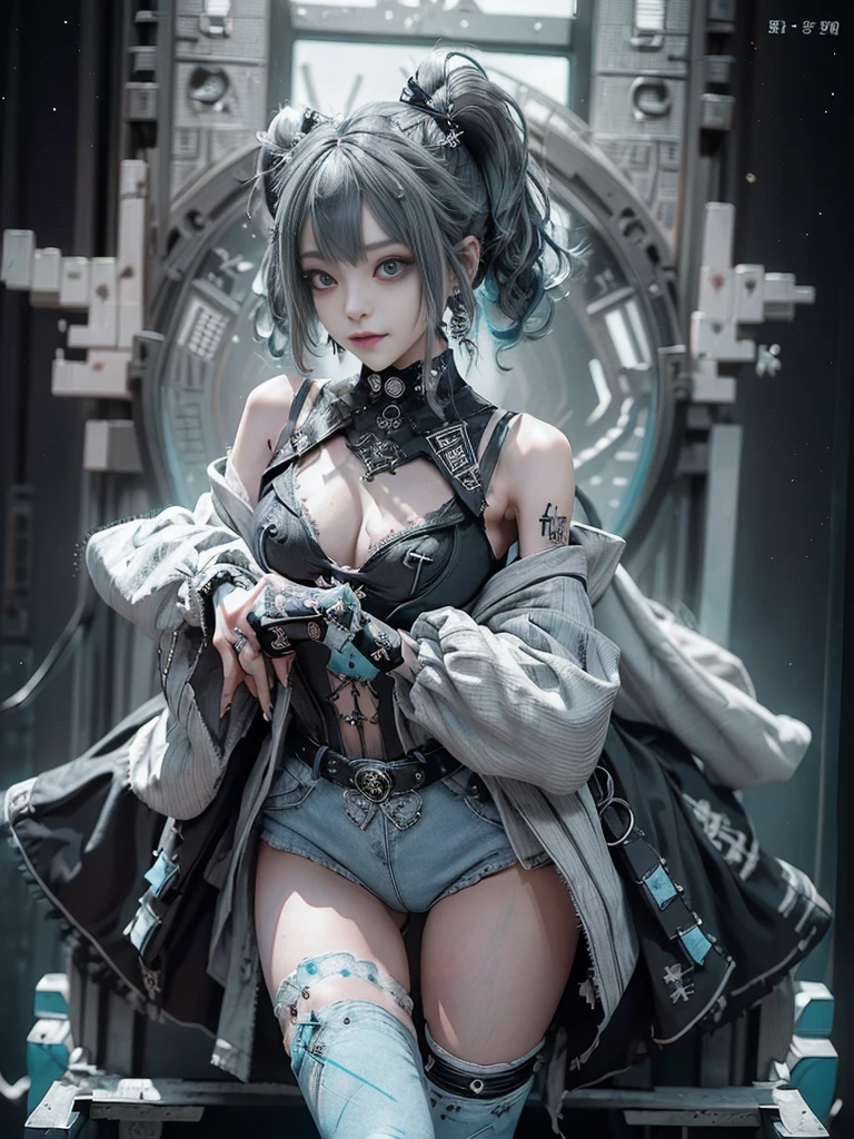 (Full Body View:1.2)、(Side view:1.1)、(Smiling with teeth showing:1.3),(Shibuya Gal:1.5)、(Gothic ta style fashion:1.5)、(Punk RockVisual Kei:1.5)、(Wearing a rhythmic gymnastics bodysuit with intricate details:1.4)、(Cloak de cour with delicate decorations in white, denim and turquoise:1.5)、(Denim with turquoise and white boots:1.3)、((belt))、(Numerous delicate logo marks all over the costume:1.4)、(Denim collar:1.3)、(Striped underwear:1.5)、30 years old、NSFW、((Highest quality、In 8K、masterpiece:1.3))、Sharp focus:1.2、(Layered Cut、Beautiful boobs:1.1),Beautiful woman with perfect figure:1.4、(Sexy gravure pose:1.3)、Slender Abs:1.2、Highly detailed face and skin texture、Detailed eyes、double eyelid,(Twin tails:1.3)、(Dark grey hair:1.3)、Gravure idol、(The background is a fantastical, Tetris-like space.:1.3)、(Slim Body:1.3),(Make your legs thinner:1.4),(clavicle:1.1)、(Thin thighs:1.2)