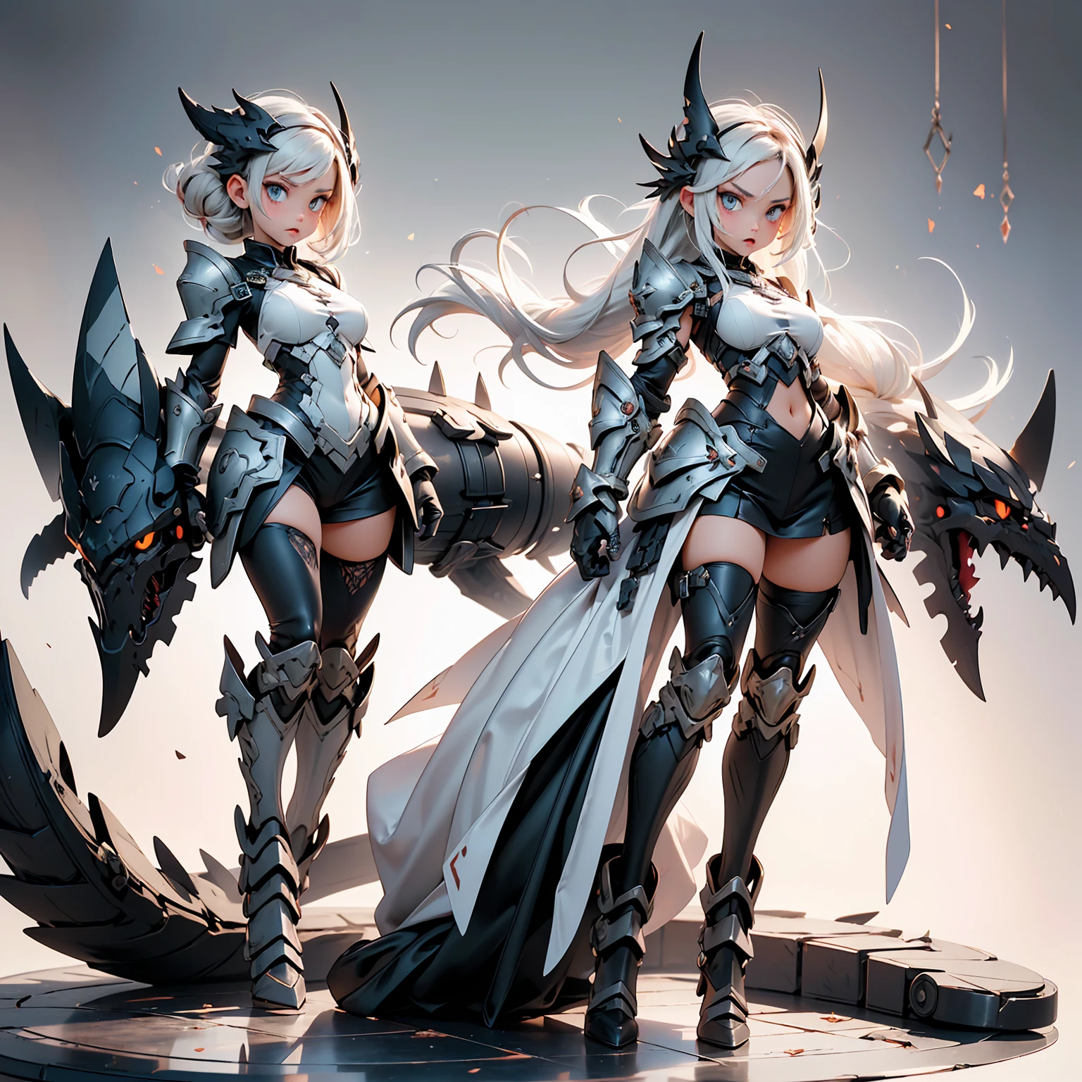 (((masterpiece, best quality, high detailed, 16k))) (1girl) A fierce girl donning armor reminiscent of Black WarGreymon, her eyes burning with determination and strength. Her hair is a stark black with streaks of silver, flowing around her fierce expression. She wears a dark, metallic armor, adorned with menacing spikes and intricate patterns of red and black, echoing the design of a powerful Digimon warrior. The armor is both robust and sleek, offering maximum protection while enhancing her intimidating presence. She wields a massive, clawed gauntlet, and her stance exudes readiness for battle. Around her, a dark aura pulses with raw energy, hinting at her immense power and relentless spirit. ((full body view:1.4))
