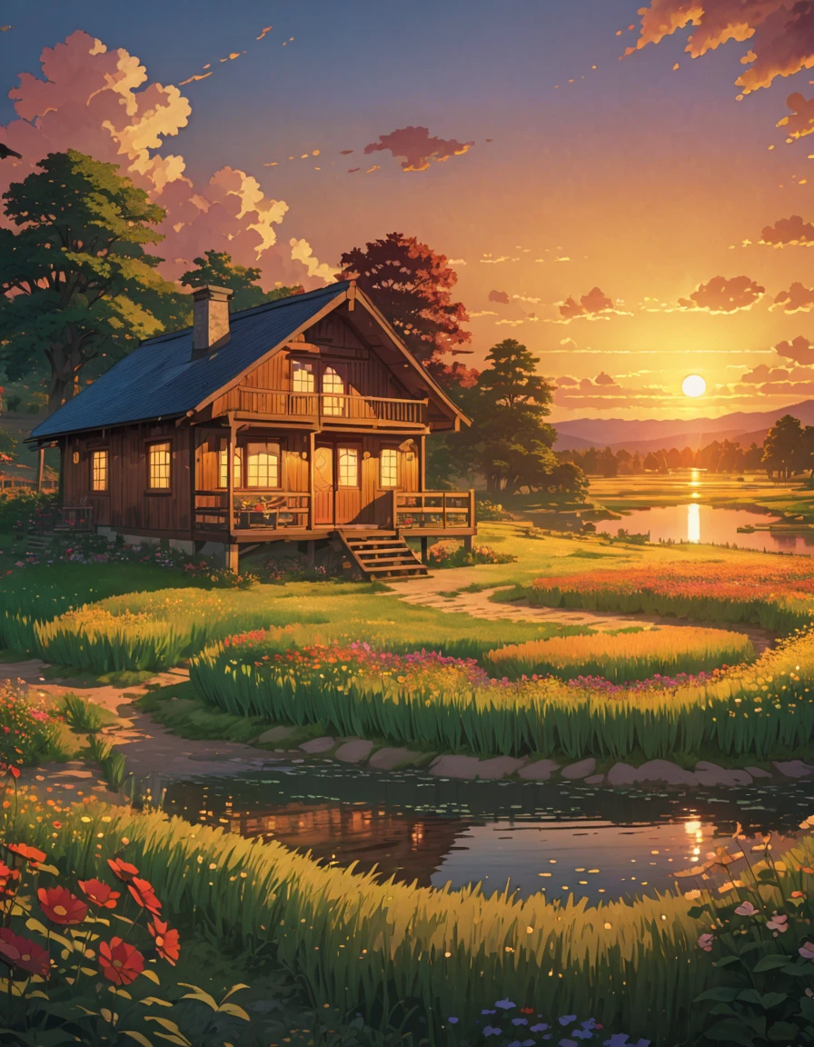 masterpiece!!! ghibli style a painting of a cabin in a field, meadow lake sunset tirgales illumination!!!! anime art wallpaper 4k, Highly detailed 4k digital art