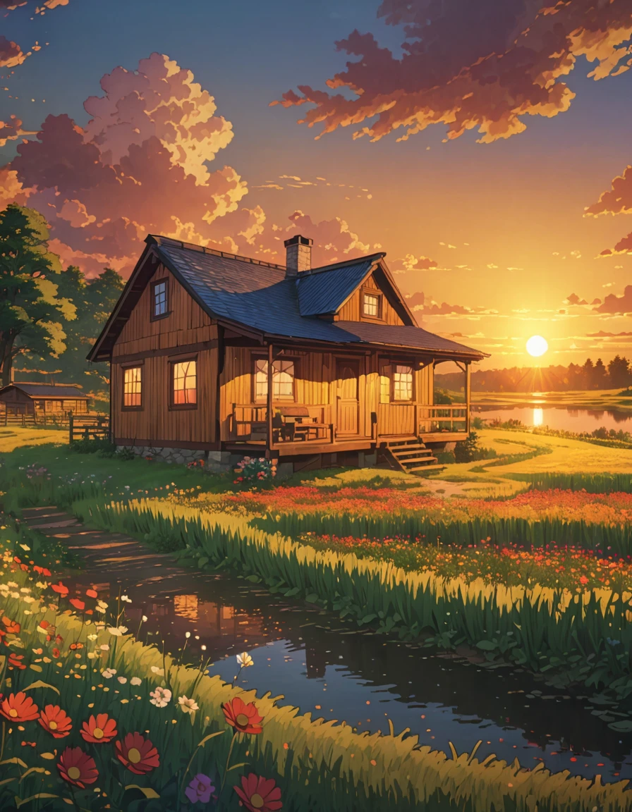 masterpiece!!! ghibli style a painting of a cabin in a field, meadow lake sunset tirgales illumination!!!! anime art wallpaper 4k, Highly detailed 4k digital art