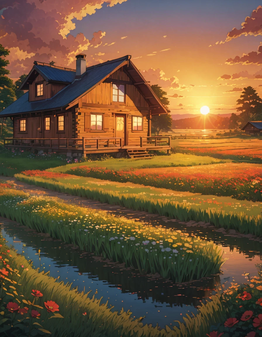 masterpiece!!! ghibli style a painting of a cabin in a field, meadow lake sunset tirgales illumination!!!! anime art wallpaper 4k, Highly detailed 4k digital art