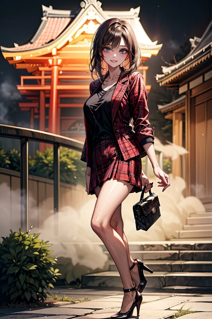 (Biologically correct limb count),Full body, including face,4K,Focus on the masterpiece face,Well-proportioned facial features,Delicate descriptive eyes,One beautiful woman,(Black shirt,red jacket,red plaid skirt),(Grin),looking at the camera,Kiyomizu-dera Temple Walking,,((High heels)),Thick fog all around,Night outdoors