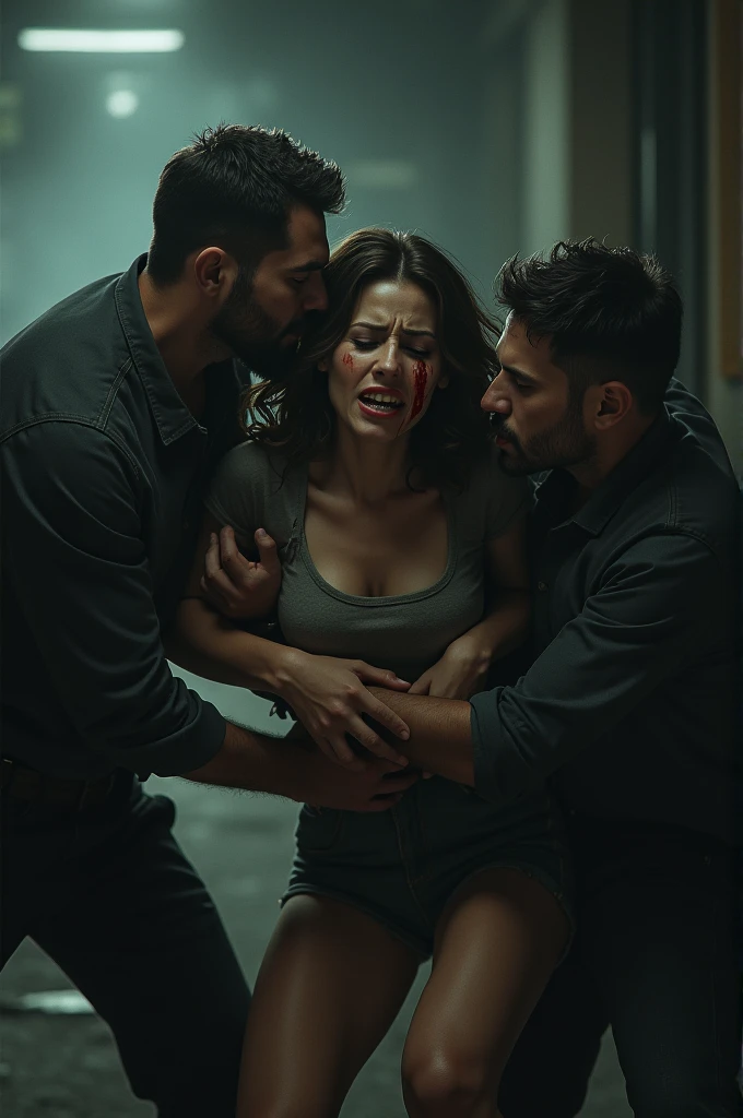 Image of a woman suffering and crying, slightly bloodied, where two men try to drag her backwards against her will.
