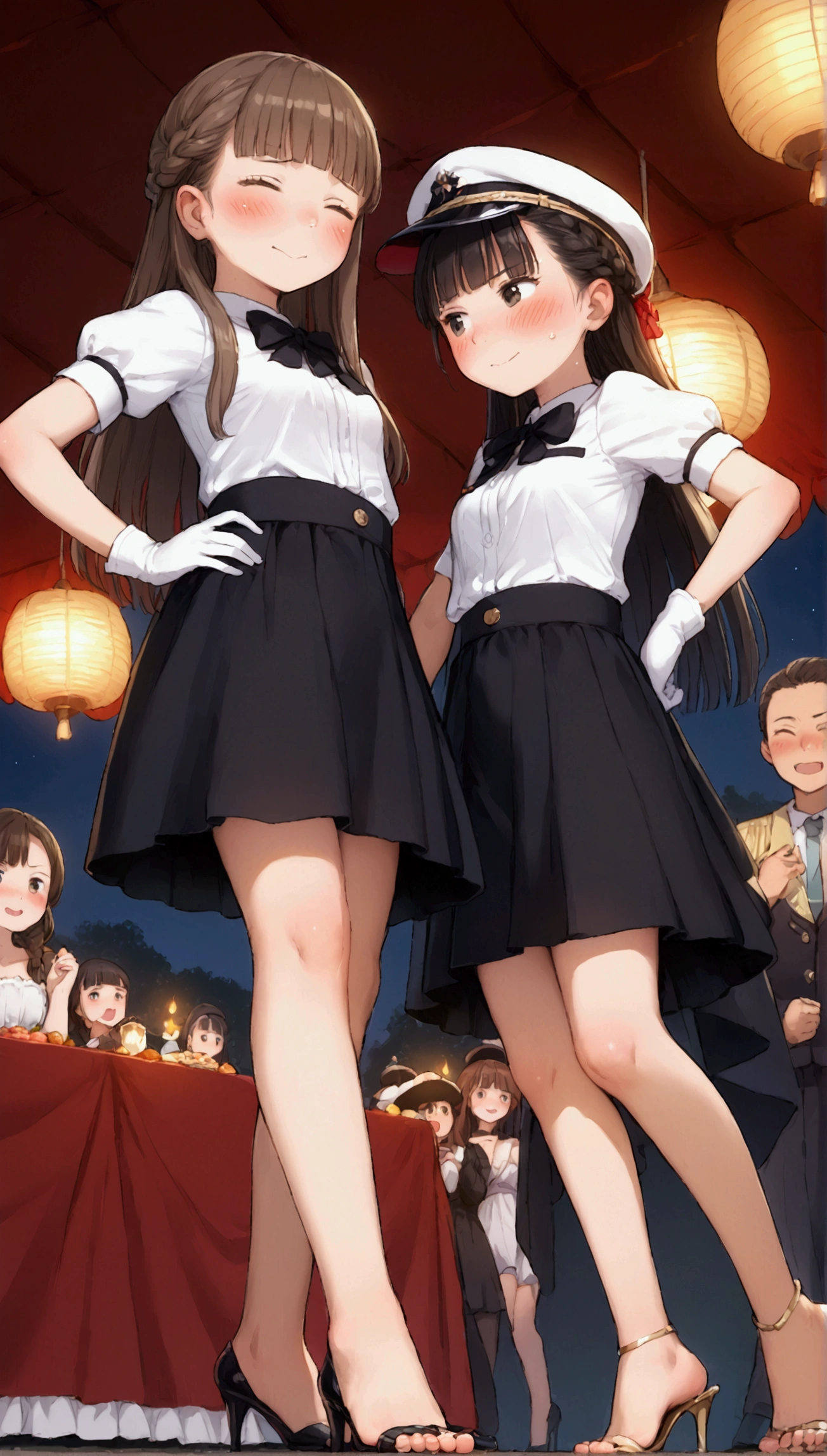 {Highest quality}, {Super beautiful},{Ultra fine},{Best illustration},Brown Hair,Hime cut,long hair,Braid,One woman,Standing Woman,Strike a pose,Adult women,Embarrassed face,,Uniform cap,White Shirt,Short sleeve,long black skirt,White gloves,Night Festival,Blushing,Slender,Black stiletto heels,barefoot,From an angle,From below,Put one hand on your hip,Woman with closed legs,