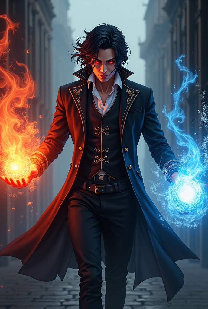 28-year-old man, blackquality hair, Eyes red, England 19th century, exorcist, red fire and another element water in the other hand, anime styling