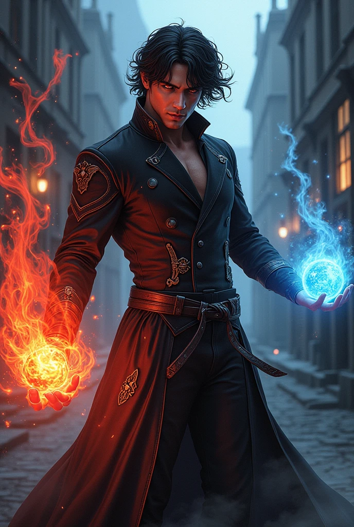 28-year-old man, blackquality hair, Eyes red, England 19th century, exorcist, red fire and another element water in the other hand, anime styling