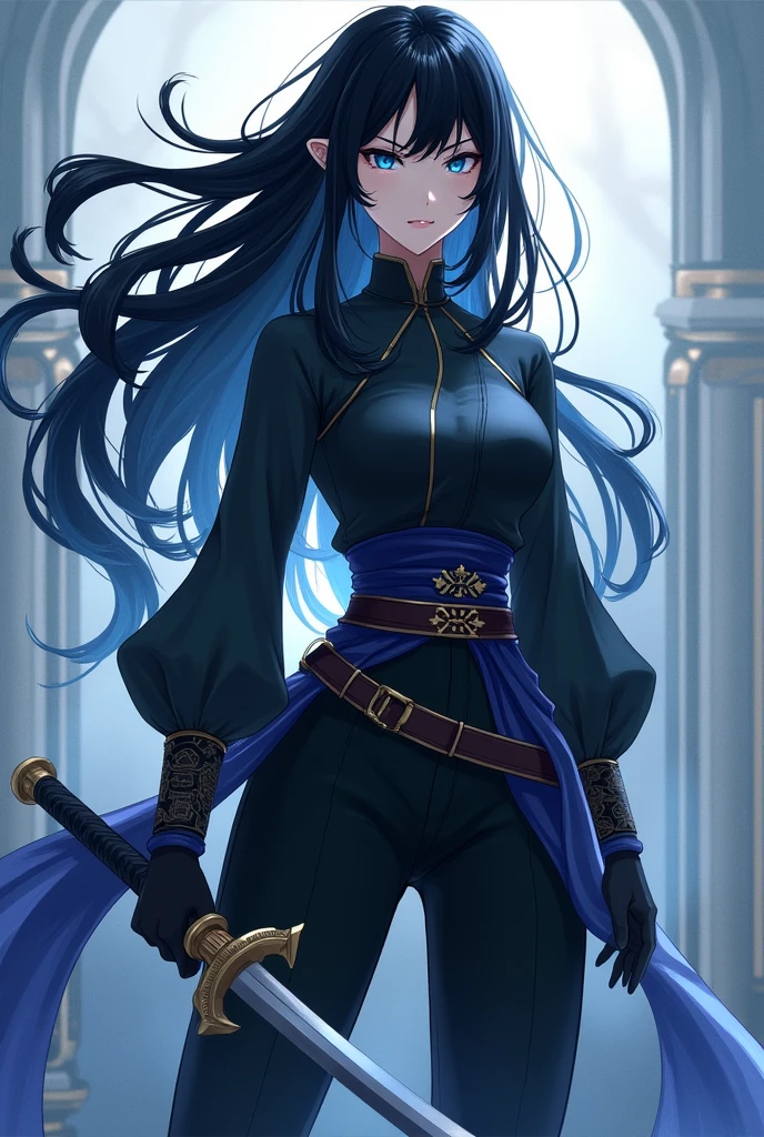 A tall women with black hair and blue eyes, wearing a black fontainien clothing style with pants and not too much skin showing. Shes a skilled swordswoman. Has a serious or cold face and her aura is lifeless. In genshin impact desgine.