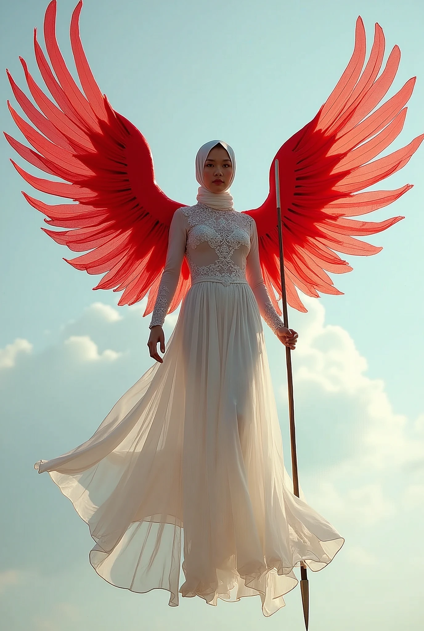Muslim woman wearing a costume made of used plastic, soft transparent red and white colour with red and white motifs, with wings like Indonesian garuda, holding a spear, elegant minimalist clasik design, wearing a very long white skirt with motifs, above the sky, flying, hovering, with a shooting angle from the front, very realistic, (complex detail: 0.9), (hdr, hyperdetail: 1.2), RAW, Sony Alpha a9 II, 24-105mm f/4, HDR,