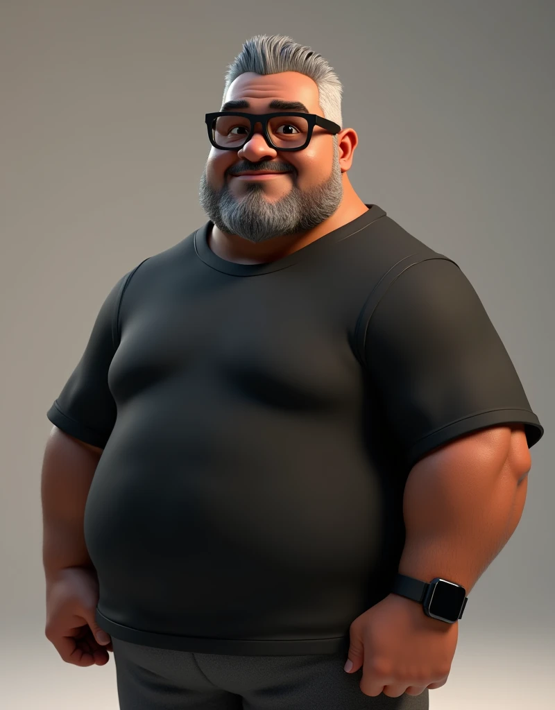 Create a stylized 3D cartoon character of a middle-aged black man with very short gray hair, wearing modern black glasses. The character should have a broad build with slight overweight and a friendly expression, but not smiling. His skin tone is dark brown with a warm undertone. The man has two prominent vertical wrinkles on his forehead between his eyebrows. His beard is trimmed and sparse, with more white hairs on the chin and the rest being dark gray. His hair is extremely short on top, styled to the right side, and shaved on the sides. The man has hairy arms with visible hair and does not wear any accessories or jewelry, except for a black smartwatch. He is looking directly at the camera but not smiling. He is dressed in an oversized black t-shirt and dark gray pants without a belt. The character should be rendered in a stylized, animation-style, with a Pixar-like quality, using Arnold Maya or toon Keyshot render. The rendering should be high quality, with cinematic lighting, sharp focus, detailed textures, detailed skin, clay-like finish, and bokeh effects in 8K resolution.