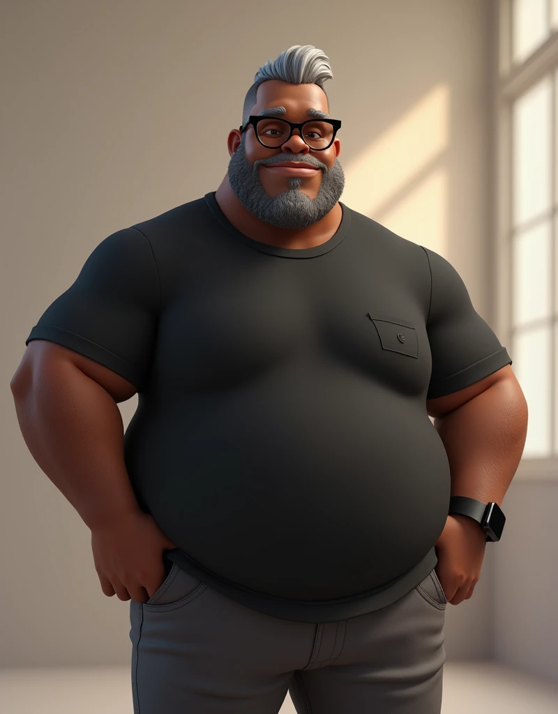 Create a stylized 3D cartoon character of a middle-aged black man with very short gray hair, wearing modern black glasses. The character should have a broad build with slight overweight and a friendly expression, but not smiling. His skin tone is dark brown with a warm undertone. The man has two prominent vertical wrinkles on his forehead between his eyebrows. His beard is trimmed and sparse, with more white hairs on the chin and the rest being dark gray. His hair is extremely short on top, styled to the right side, and shaved on the sides. The man has hairy arms with visible hair and does not wear any accessories or jewelry, except for a black smartwatch. He is looking directly at the camera but not smiling. He is dressed in an oversized black t-shirt and dark gray pants without a belt. The character should be rendered in a stylized, animation-style, with a Pixar-like quality, using Arnold Maya or toon Keyshot render. The rendering should be high quality, with cinematic lighting, sharp focus, detailed textures, detailed skin, clay-like finish, and bokeh effects in 8K resolution.