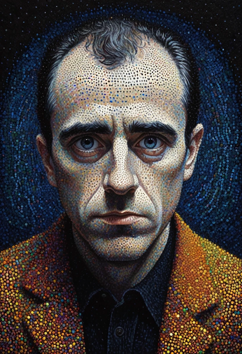 pointillism, a tormented genius contemplates the futility of things and concludes that everything is useless, micro dots representing blind spots, 8k, work of art, Brilliant composition, deep dark contrast, minimal use of colors