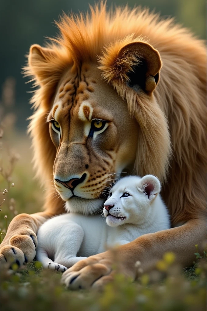 Golden fur lioness caddle her white lion cub