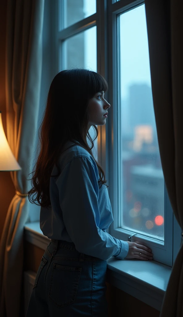 a brunette girl with blue eyes leaning against a hotel window looking out