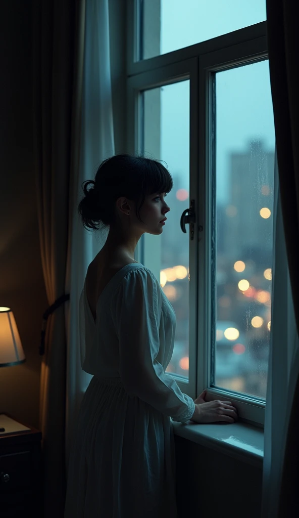 a brunette girl with blue eyes leaning against a hotel window looking out