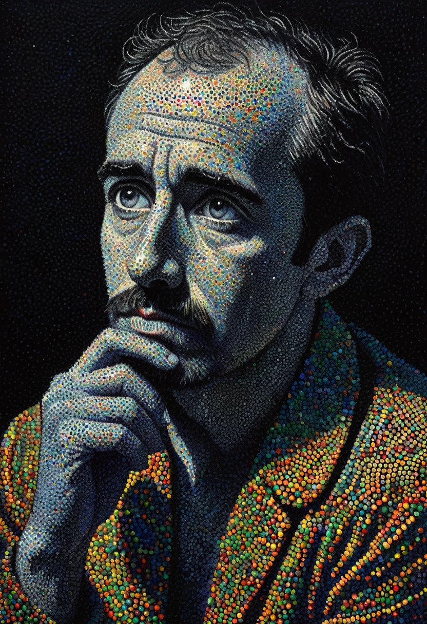 pointillism, a tormented genius contemplates the futility of things and concludes that everything is useless, micro dots representing blind spots, 8k, work of art, Brilliant composition, deep dark contrast, minimal use of colors