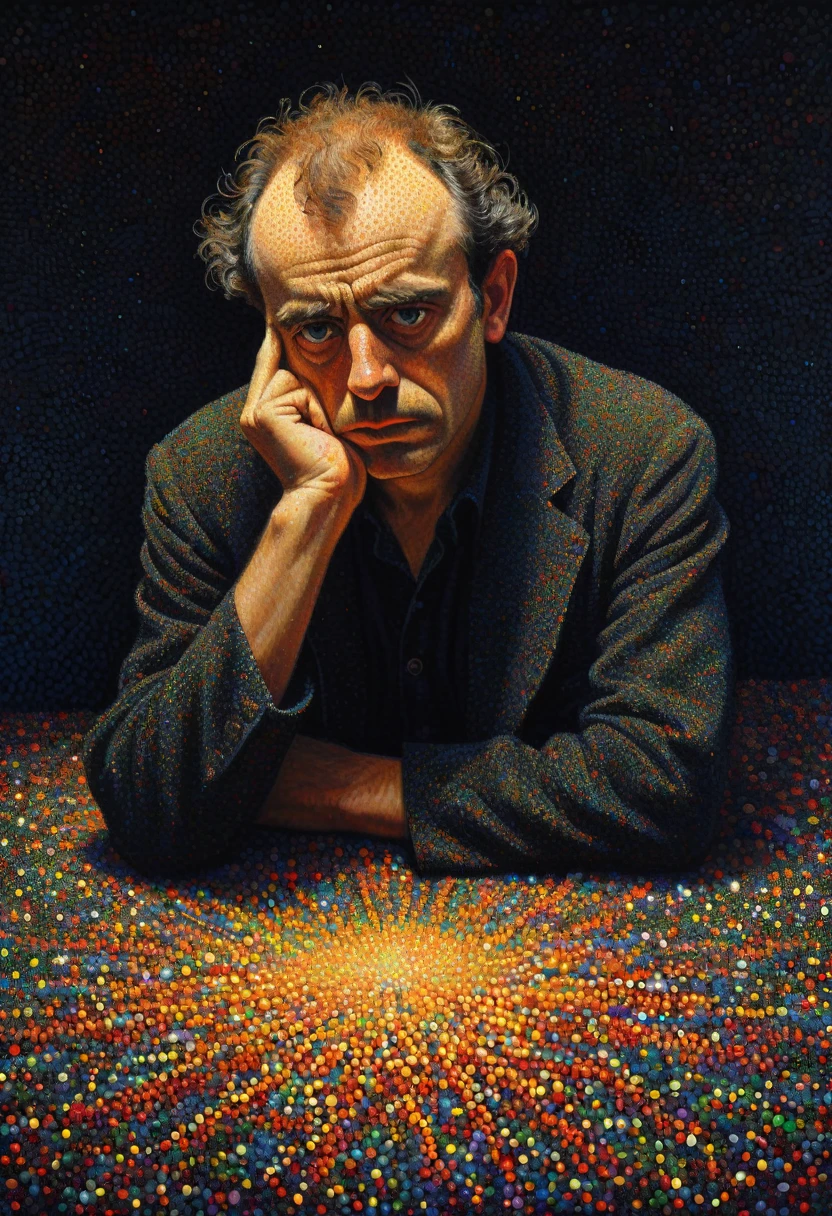 pointillism, a tormented genius contemplates the futility of things and concludes that everything is useless, micro dots representing blind spots, 8k, work of art, Brilliant composition, deep dark contrast, minimal use of colors