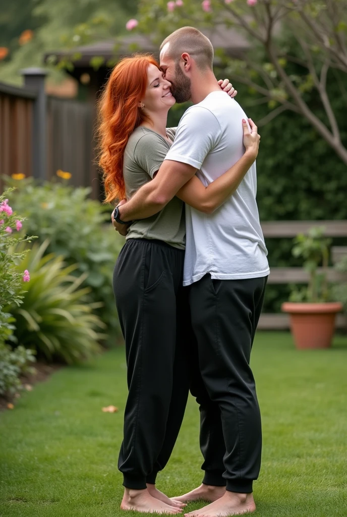 Redhead in the garden, black sweatpants, Barefoot woman hugs her male neighbor