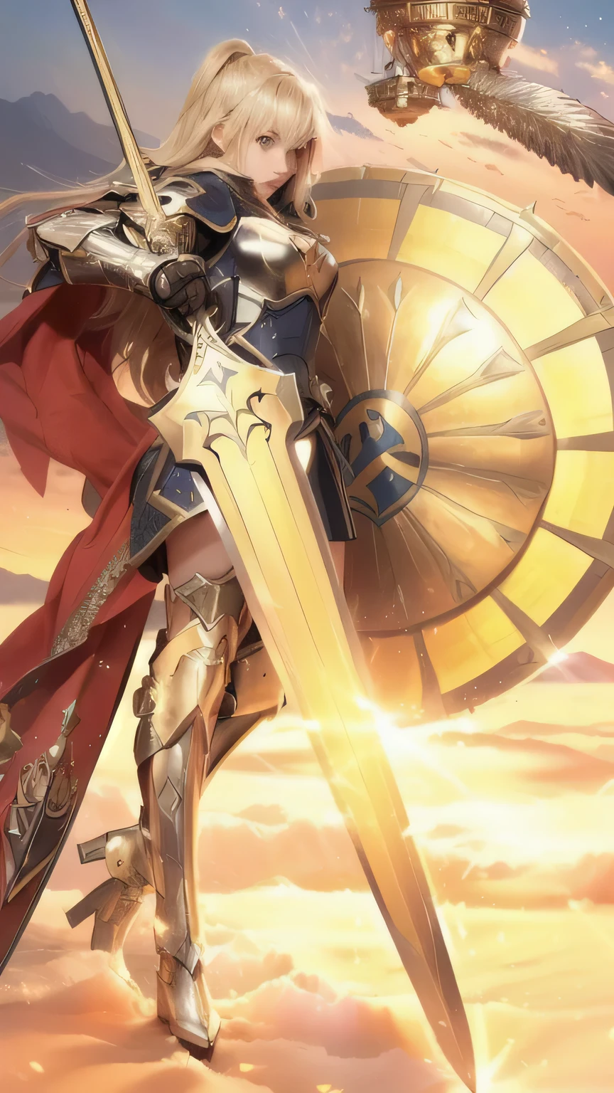 Woman with sword and shield flying in the sky, detailed key art, holding a sword and shield, male paladin, ares with heavy armor and sword, holding shield and sword, wielding a sword and shield, with large sword, gold paladin, high detailed official artwork, holding a sword & shield, official anime artwork, epic light novel art cover, official art