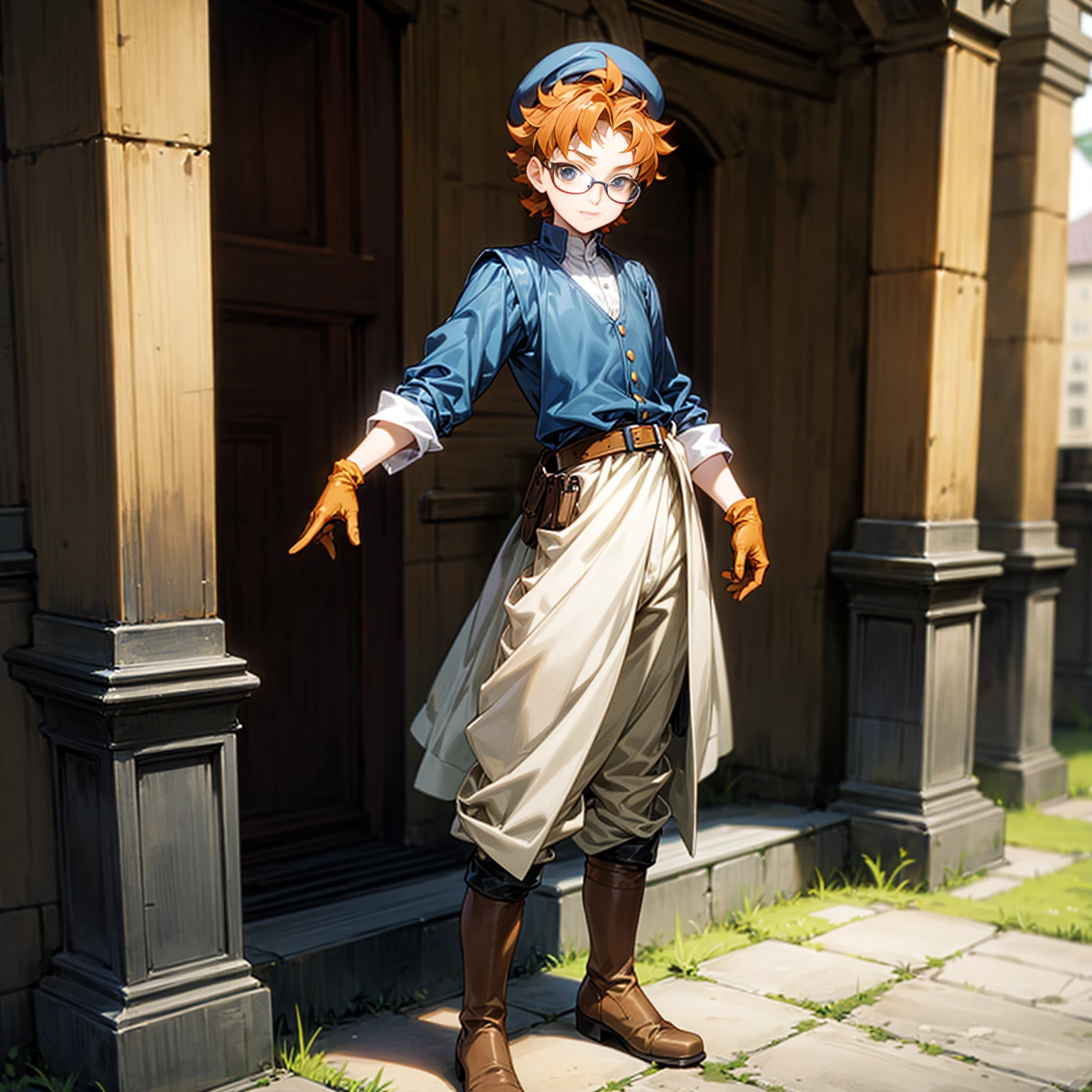 Solo character, full body version, young man, blue eyes, orange color hair, short half long curly hair, glasses, formal outfit, boots, belt, gloves, outdoor, town, medieval, morning, detailed background, detailed clothing, detailed hair, happy, (Hunter x Hunter style art), standing gesture, Pandora hat