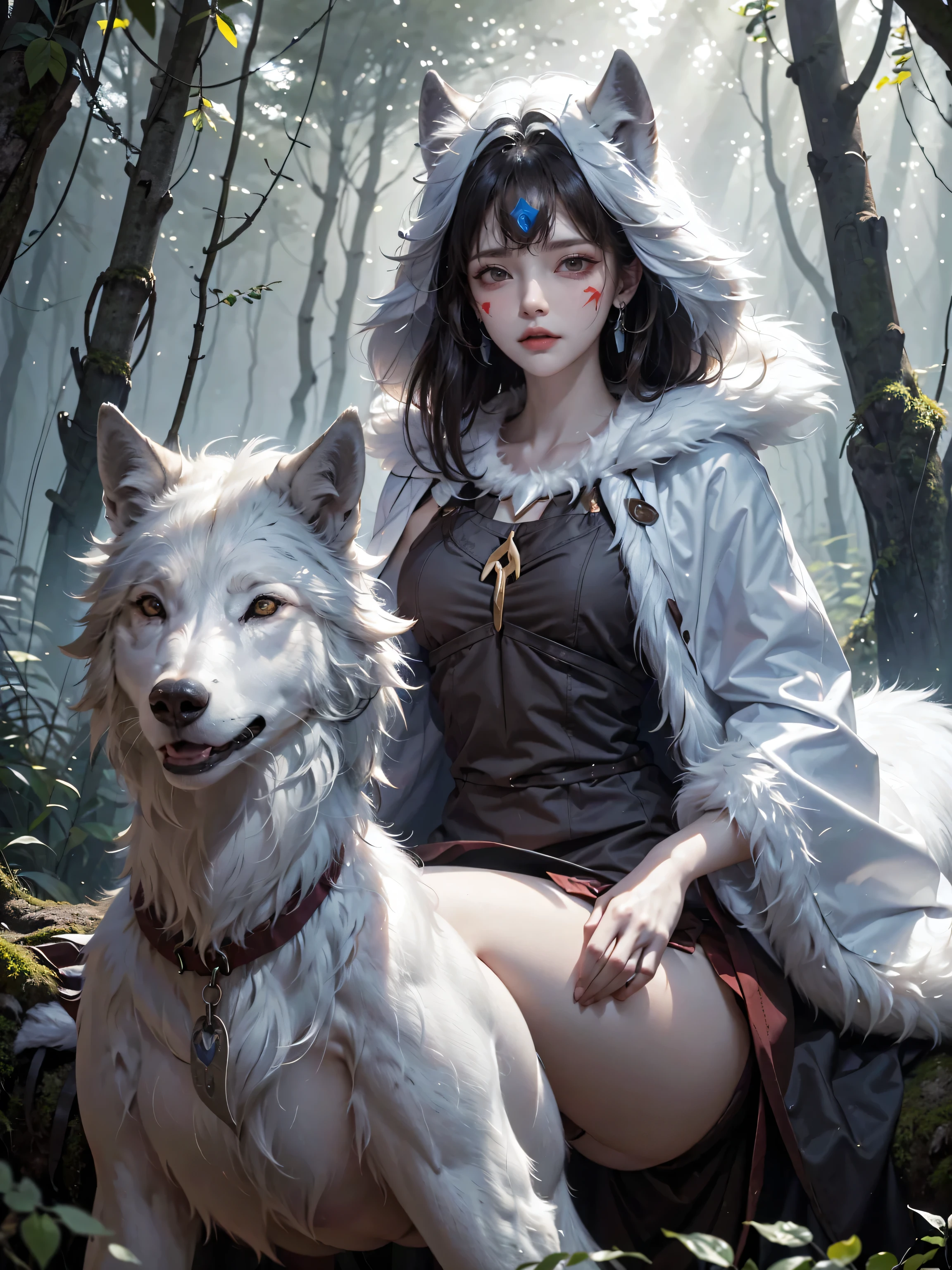 Create a detailed and mystical image of San, the protagonist from Princess Mononoke, riding a large, white wolf through a dense, ancient forest. The scene should capture the magical and ethereal atmosphere of the forest, with tall, moss-covered trees, and shafts of light filtering through the thick canopy. San should be depicted in her iconic attire: a white fur cloak, tribal markings on her face, and a determined, fierce expression. The white wolf should appear powerful and majestic, with a calm but alert demeanor. The overall mood should convey a deep connection between San, the wolf, and the natural world around them, evoking the spirit of the forest
