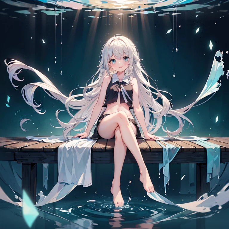 (masterpiece, Highest quality:1.2), One girl, Standing Alone_Split, """Completely naked""", Barefoot, Foot Focus, Undressing, Long Hair,Black sleeveless short vest,Particles of light, whole body, Wavy Hair, Floating Hair, smile, Sitting, Open your mouth, Particles of light, Silver Hair, Aqua Eye, View your viewers, Face Focus