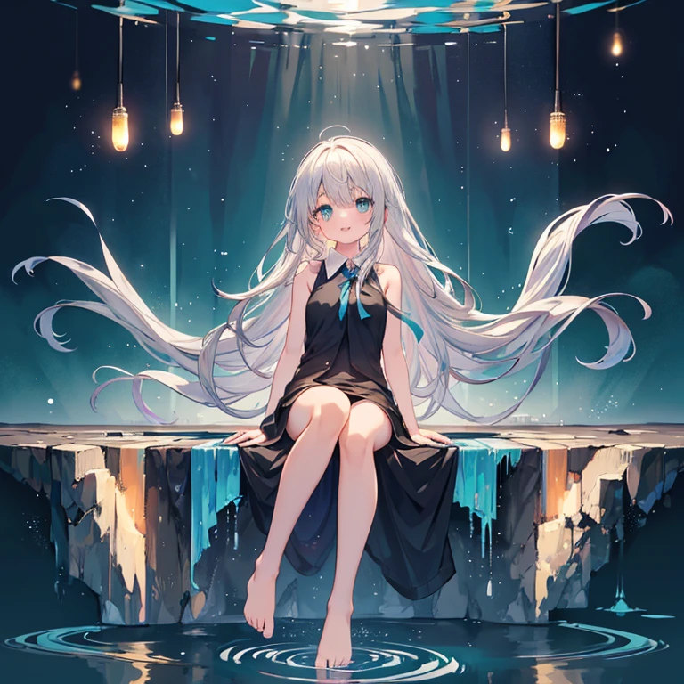 (masterpiece, Highest quality:1.2), One girl, Standing Alone_Split, """Completely naked""", Barefoot, Foot Focus, Undressing, Long Hair，Black sleeveless short vest，Particles of light, whole body, Wavy Hair, Floating Hair, smile, Sitting, Open your mouth, Particles of light, Silver Hair, Aqua Eye, View your viewers, Face Focus