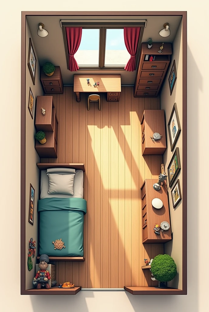  How to organize a room 4 meters long and 1 and a half meters wide if I have a 1 meter closet, a one meter dressing table, a 40 centimeter bed of 1 meter and a 1 meter table, also on a wall of 1 meter and has a large window of almost one meter. I have pictures of Harry Potter and Shrek. create a plan type image to improve the space