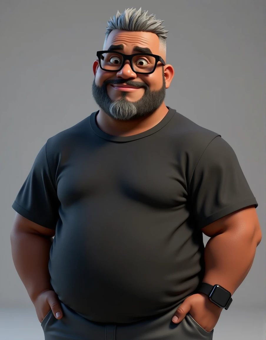 Create a stylized 3D cartoon character of a middle-aged black man with very short hair, wearing modern black glasses. The character should have a broad build with a slight overweight and a friendly expression, but not smiling. His skin tone is dark brown with a warm undertone. The man has only two prominent vertical wrinkles on his forehead between his eyebrows. His beard is trimmed and sparse, with more white hairs on the chin and the rest being dark gray. His hair is gray, extremely short on top, styled to the right side, and shaved on the sides. The man has hairy arms and does not wear any accessories or jewelry, except for a black smartwatch. The man is dressed in an oversized black t-shirt and dark gray pants without a belt. The character should be rendered in a stylized, animation-style, with a Pixar-like quality, using Arnold Maya render or toon Keyshot render. The rendering should be high quality, with cinematic lighting, sharp focus, detailed textures, detailed skin, clay-like finish, and bokeh effects in 8K resolution.