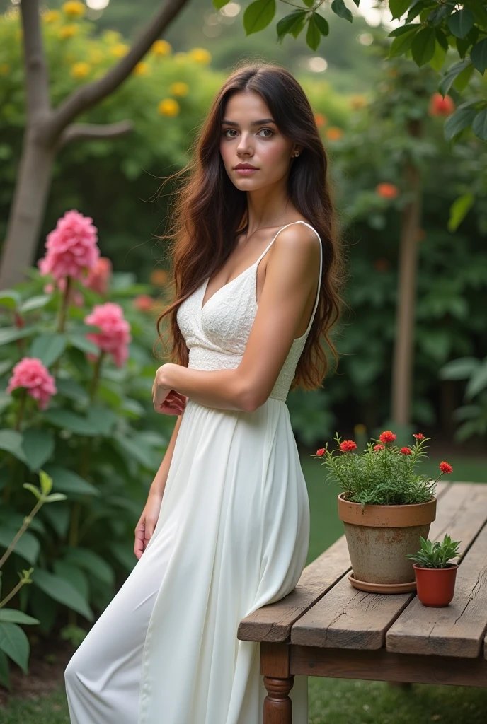 22 year old Brazilian brunette in a white dress posing in a garden with a coffee table