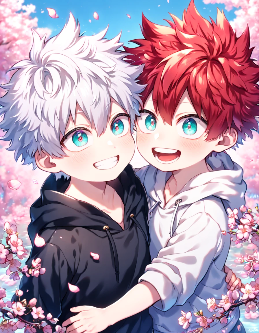 absurdres, highres, ultra detailed, HDR, master piece, best quality, extremely detailed face, delicated features, Todoroki Touya as a ???, spiked hair, red hair, expressive turquoise eyes, Boku No Hero Academia, Gojou Satoru as a ???, white hair, messy hair, expressive blue eyes, white eyelashes, two kids together, yaoi, gay couple, small, cute, smiling, black hoodie, white hoodie, fantasy, magical, cherry blossoms, pink flowers, pink birds, pink petals, water
