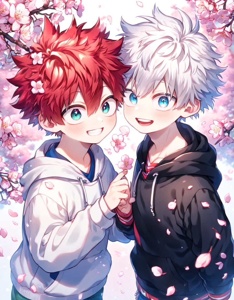 absurdres, highres, ultra detailed, HDR, master piece, best quality, extremely detailed face, delicated features, Todoroki Touya as a kid, spiked hair, red hair, expressive turquoise eyes, Boku No Hero Academia, Gojou Satoru as a kid, white hair, messy hair, expressive blue eyes, white eyelashes, two kids together, yaoi, gay couple, small, cute, smiling, black hoodie, white hoodie, fantasy, magical, cherry blossoms, pink flowers, pink birds, pink petals, water