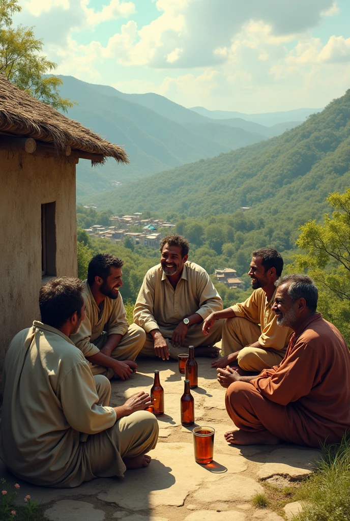 A group of man drinking alcohol on roof of house in village