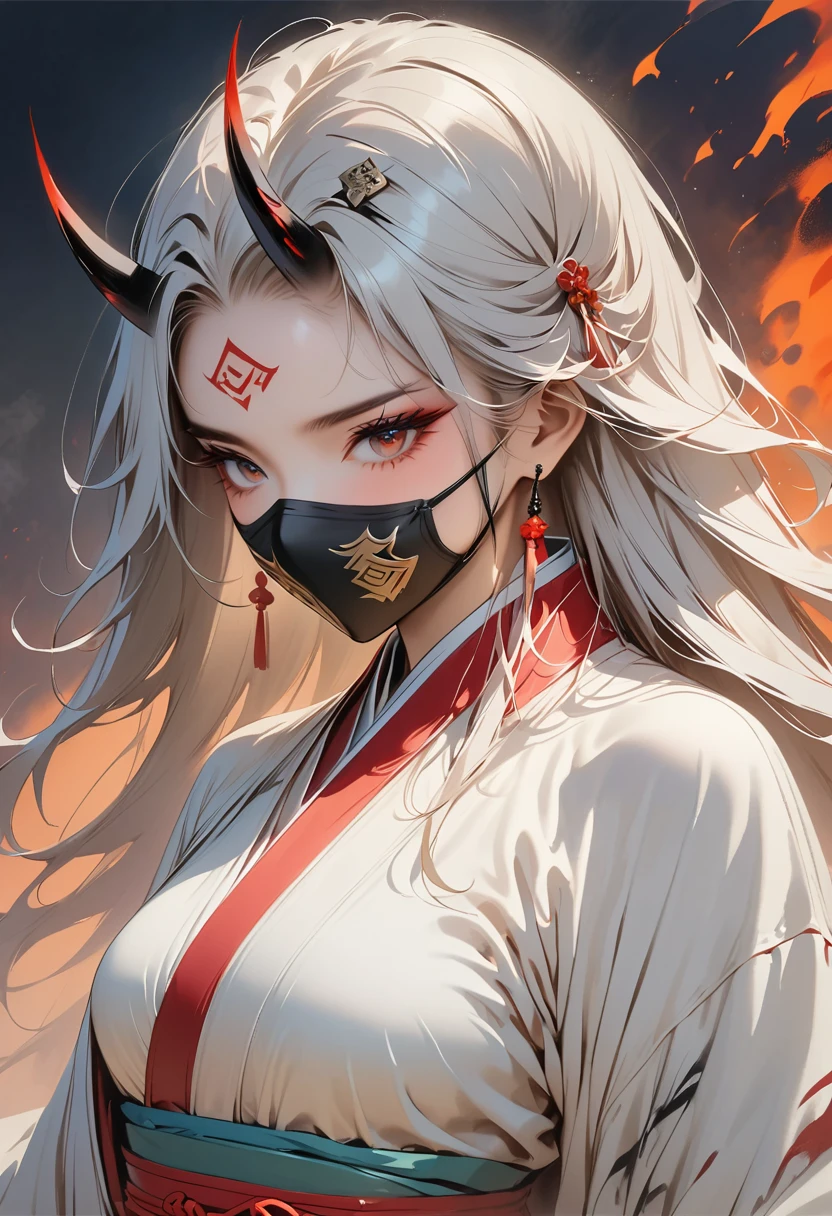 (Masterpiece, Top quality, Best quality, Official art, Beautiful and aesthetic:1.2), Ink painting, (((1 girl))), (((covered mouth, mouth mask))), (((Very detailed forehead tattoo))), (((Anbu mask))) sexy devil,1 girl, wearing a kimono, (2 small oni horns:1.6), fire around her, Glowing body, Colorful, Top detailed, Cold light,  Tattoo