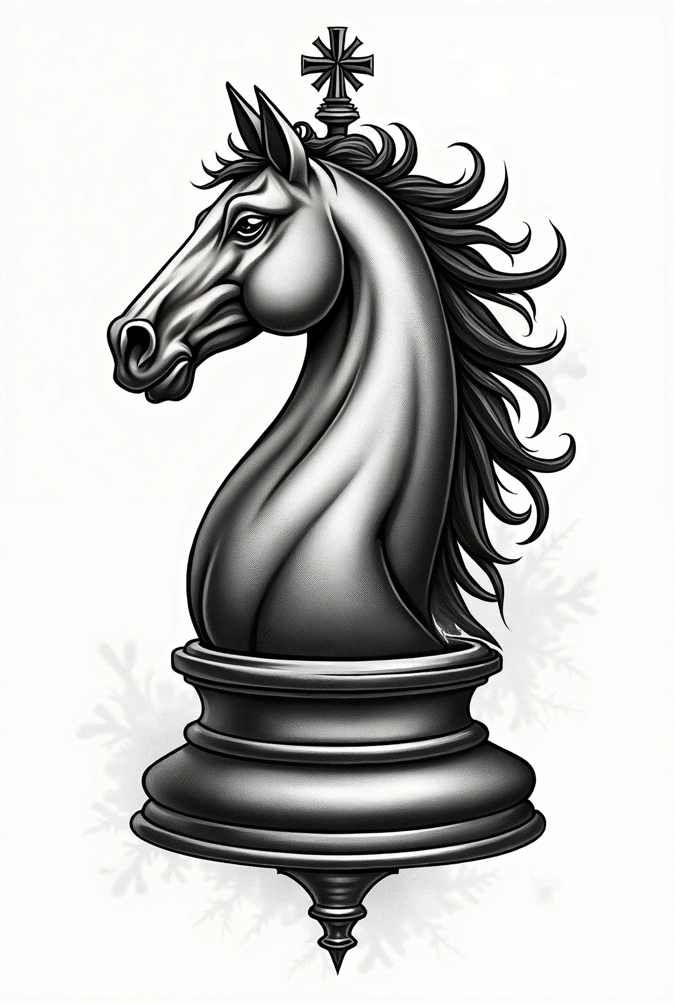 image of a horse, chess piece in old school art style and black work made for tattooing colored in black, gray and white like old school tattoos, with dashes (Contour) consistent in black on a white background.