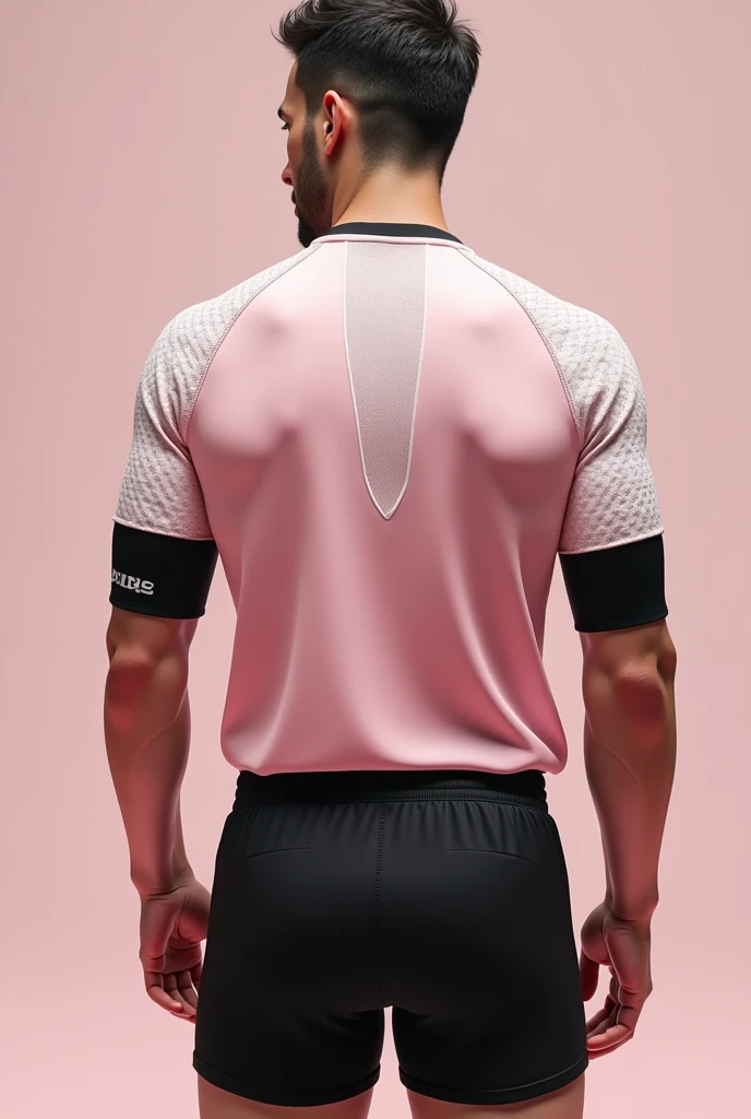 Create a uniform design with men's volleyball sleeves in pastel pink and black tones. The shorts are all black and only the blouse is pastel pink with white details.: without sublimation on the blouse and with creative details for the white.