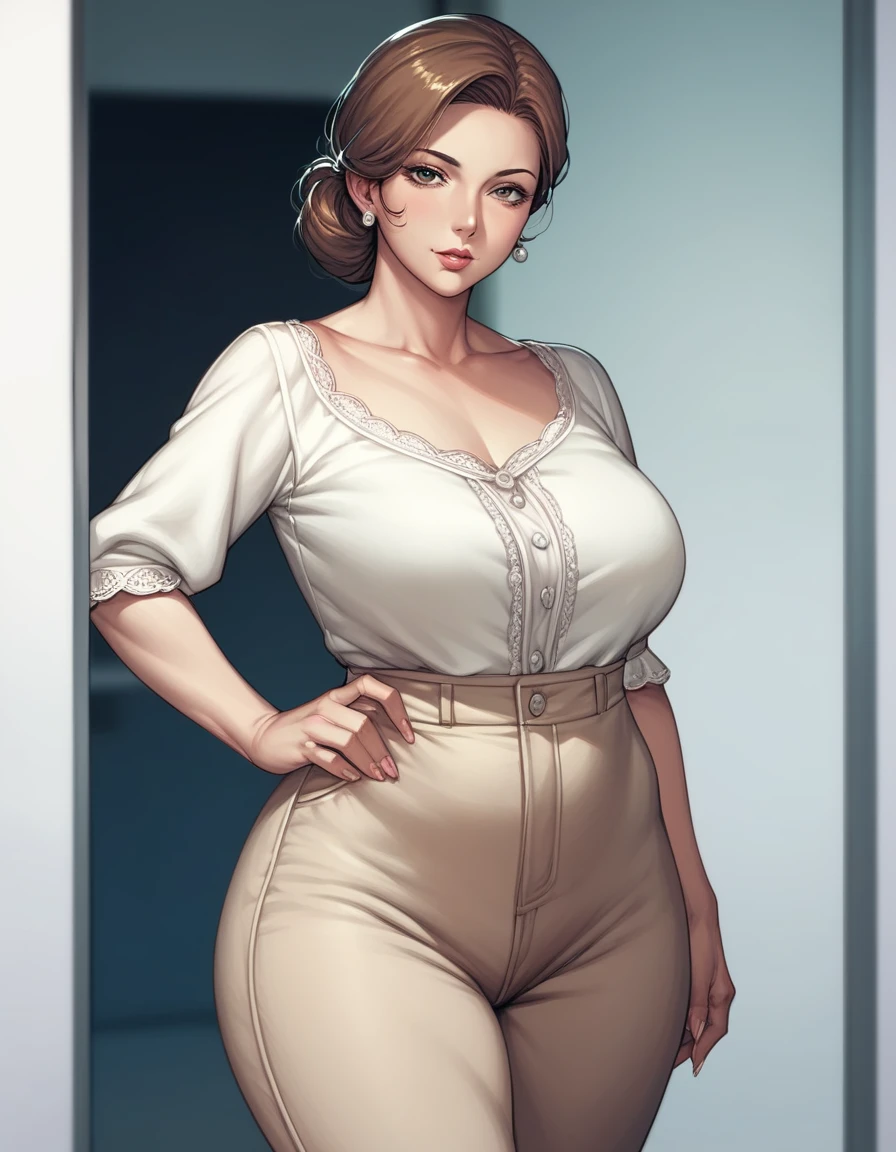 score_9, score_8_up, score_7_up, source_anime,1girl, mature female, brown hair, curvy mother, wide hips, normal breast, seductive smile,(seductive expression:1.5), looking at viewer, standing, sexy white blouse, beige pants, half complete body view